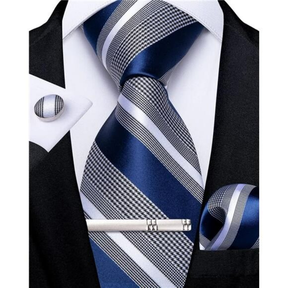 Striped silk tie set with pocket square cufflinks tie clip formal wedding - Picture 1 of 7